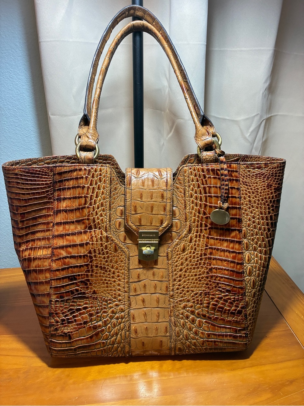 Brahmin Tan and Brown Croc-Embossed Leather Tote